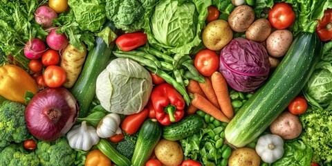 A colorful assortment of fresh vegetables, including lettuce, carrots, peppers, and more, arranged vibrantly, showcasing the bounty of nature.