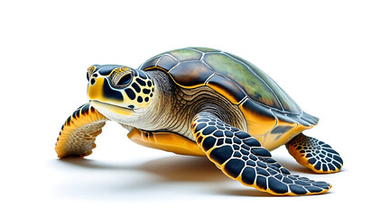 Realistic photograph of full body sea turtle swimming with detailed shell and flippers on white background, showing natural texture and colors