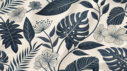 Blue tropical floral pattern wallpaper design seamless vector fabric textile background texture surface print