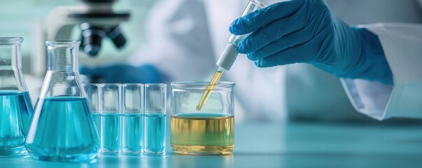 A scientist in gloves is using a pipette to transfer liquid from a blue container to a yellow one, surrounded by various laboratory glassware.