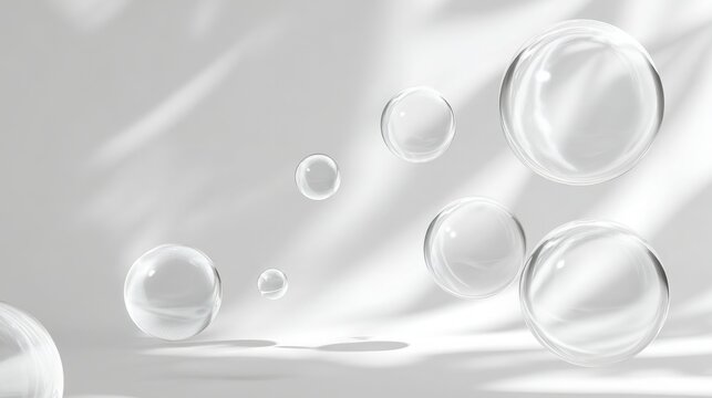 Pure white background with gentle shadows, floating transparent glass spheres, luxury skincare aesthetic, clean modern design, lots of empty space for text
