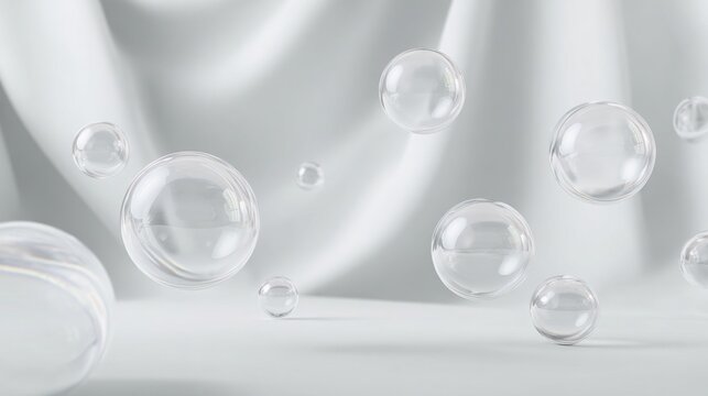 Pure white background with gentle shadows, floating transparent glass spheres, luxury skincare aesthetic, clean modern design, lots of empty space for text