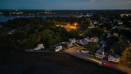 New England coastal neighborhood at night in Massachusetts USA