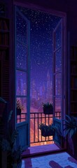 A vibrant city skyline viewed through an open window at night, bathed in a soft, dreamy purple and blue light, with potted plants on the balcony.