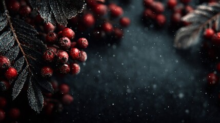 Frozen red berries and leaves creating a winter border on dark background