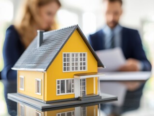 A close-up of a miniature yellow house model with a blurred background of two people discussing documents in a professional setting.