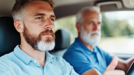 Fototapeta premium A focused conversation between two men in a car, highlighting their expressions and the emotional atmosphere inside the vehicle.