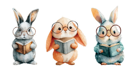 Set of cute little bunnies in glasses reading a book in watercolor. Watercolor baby bunnies in big round glasses reading a book. Cute children's characters for school, learning, etc.