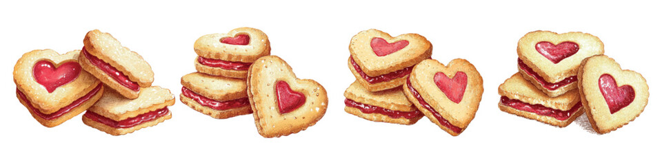 Watercolor set of cookies with hearts. Shortbread cookies with berry filling and heart-shaped cutout. Romantic desserts with hearts for Valentine's Day. Vector illustration.