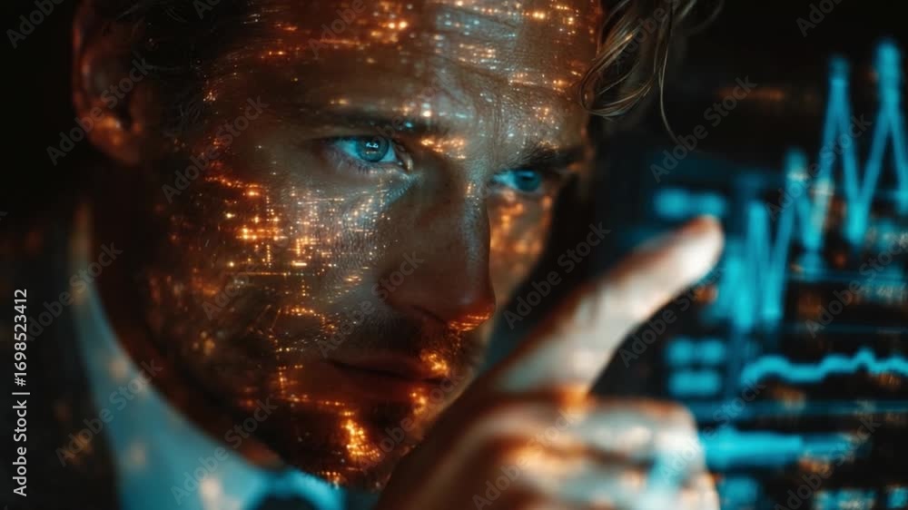 Poster analyzing data: the image of a man immersed in data, contemplating complex information displayed on 