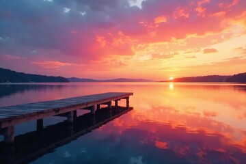 Serene Sunrise over Calm Water Peaceful Dock, Vibrant Orange and Pink Hues Reflecting, Tranquil Scene Perfect for Relaxation