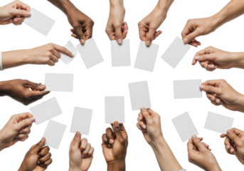 Diverse hands (varied complexions, genders, ages) holding blank white cards, angled, against transparent background with even light. Concept of unity, diversity, and new ideas