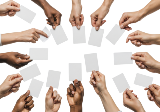 Diverse hands (varied complexions, genders, ages) holding blank white cards, angled, against transparent background with even light. Concept of unity, diversity, and new ideas - Powered by Adobe