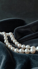 Elegantly Draped Pearls Luxurious Textiles Still Life Photography Soft Black Fabric Background Close-Up View Opulent Jewelry Concept