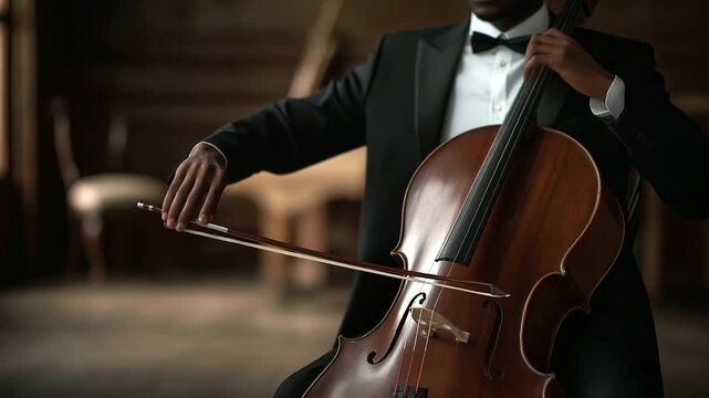 Cellist adjusting bow grip in vintage wooden room