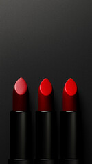 Three red lipsticks in black tubes stand in a row on a dark matte background, showcasing glossy tips and minimalist elegance.