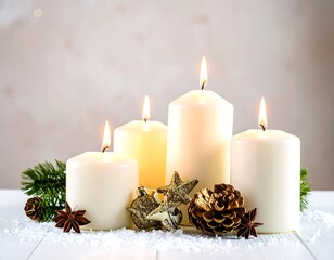 Four white candles, adorned with Christmas ornaments, on a white surface