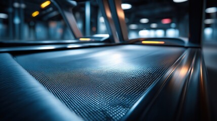 Close-up of a treadmill belt in motion, symbolizing movement, progress, fitness. dynamic motion of the belt represents energy, exercise, health in a gym setting, conveying a sense of vitality physical