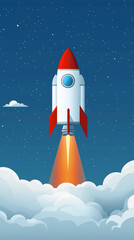 Rocket Launching into Space Digital Illustration Night Sky Infographic Flat Icon Dynamic Perspective Space Exploration Concept
