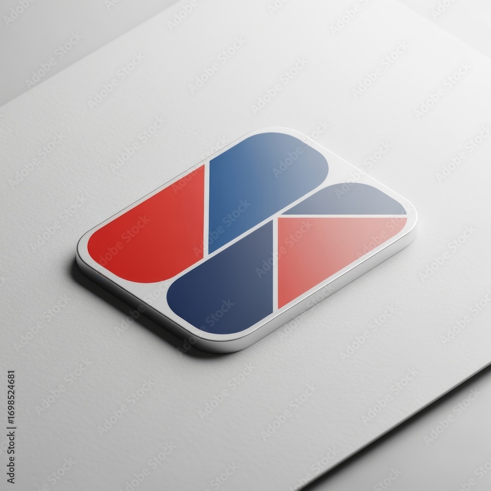 Aufkleber abstract logo with red and blue sections on a rounded rectangular badge on a white surface close up