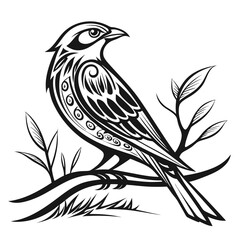 Naklejka premium Stylized black and white bird perched on a branch with leaves