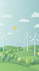 Paper-cut style landscape of green hills with trees and wind turbines under a sunny, cloudy sky, symbolizing clean renewable energy and environmental sustainability.