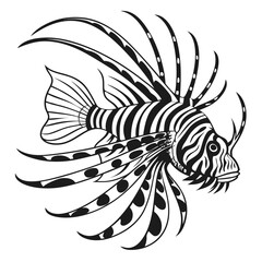 Fototapeta premium Black and white illustration of a lionfish with distinctive fins and stripes