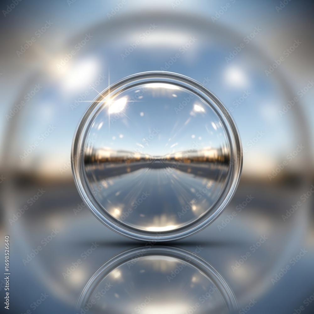 Poster a reflective sphere showing a landscape with a blurred background and a shiny surface reflection