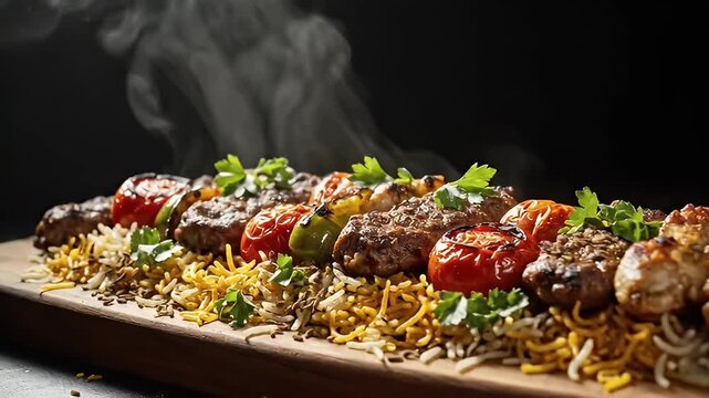 Delicious Persian Koobideh Kebab Platter with Saffron Rice and Grilled Tomatoes, Served Hot