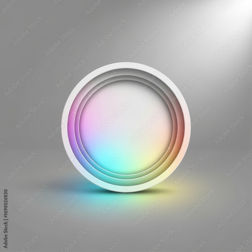 Aufkleber a white circular structure with rainbow gradient interior on a gray background with light flare effe
