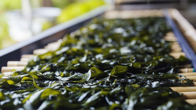 Vibrant green seaweed on bamboo rack showcasing fresh organic and sustainable marine algae perfect for healthy diets culinary use and eco-conscious lifestyles
