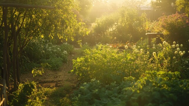 Beautiful garden landscape with lush greenery vibrant plants sunlight filtering through trees peaceful outdoor scene natural environment scenic rural setting and tranquil