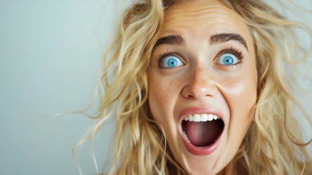 A young woman with vivid blue eyes and stylized hair surprised, looking off to the side.