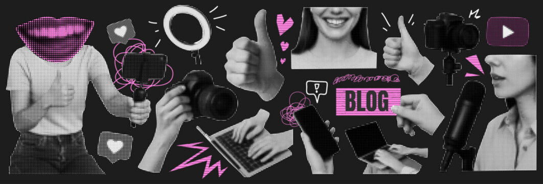Vibrant Collage Kit for Blog and SMM with Social Media Elements. Features a Hand with Hand Lips and Smile for a Blogger with Camera. Includes Isolated Dadaism PopArt and Phone Mockups.