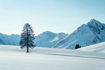 Obraz premium Solitary Conifer Tree in Snowy Mountain Landscape