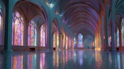 Fototapeta premium Vibrant Cathedral Hall with Stained Glass Reflections