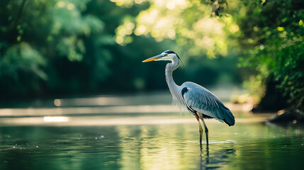Naklejka premium Heron stands in shallow water with green trees in the background.