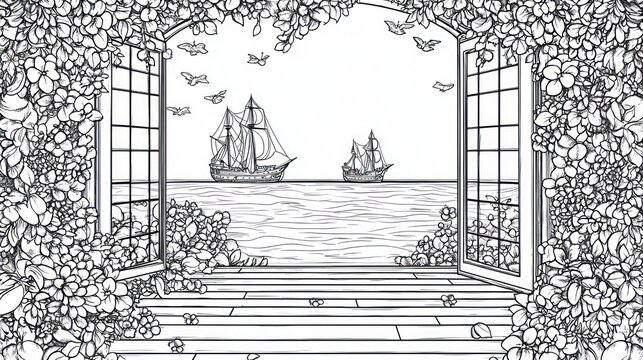 Fototapeta Ships seen through blossoming window