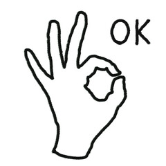 Hand gesture showing ok sign with text ok, black and white, simple drawing isolated on transparent background
