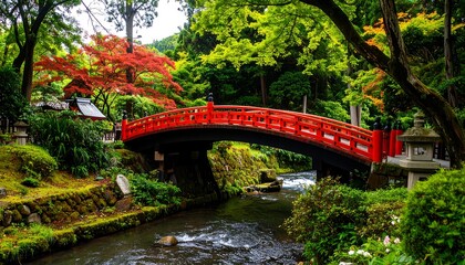 Red bridge over a stream in a lush garden