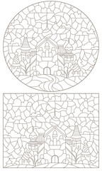 A set of contour illustrations in the style of a stained glass window with an ancient castle and landscape, dark outlines on a white background