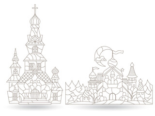 A set of contour illustrations in the style of a stained glass window with an ancient castle and landscape, dark outlines on a white background