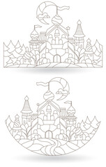 A set of contour illustrations in the style of a stained glass window with an ancient castle and landscape, dark outlines on a white background