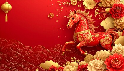 Elegant Chinese New Year background featuring the fire horse zodiac in red and gold patterns with lanterns, flowers, and golden cloud ornaments.