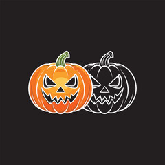 Two Halloween Pumpkins Jack O Lantern with Color and Outline Illustration