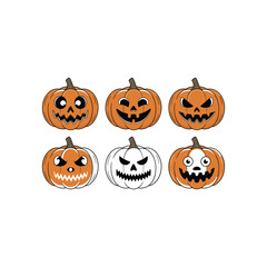 Set of Six Halloween Jack-O-Lantern Faces Vector Illustration
