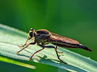 Robber Fly (Asilidae) on a Green Leaf - Detailed Macro Photography of a Predatory Insect