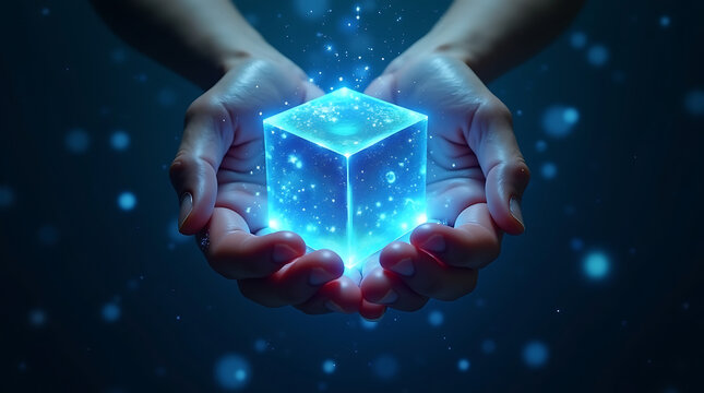 Hands holding a glowing blue cube filled with sparkling lights and particles against a dark background