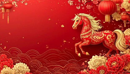 Elegant Chinese New Year background featuring the fire horse zodiac in red and gold patterns with lanterns, flowers, and golden cloud ornaments.