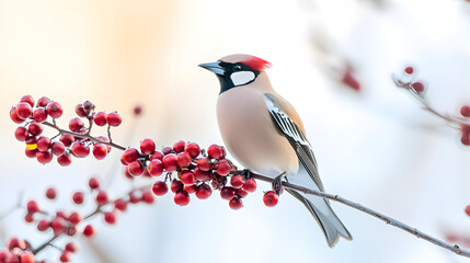 Bird perched on a branch with red berries against a blurred background.